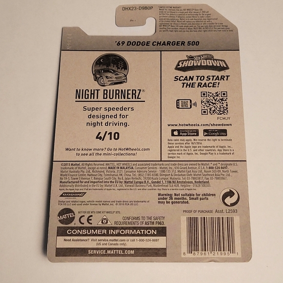 Hot Wheels Night Burnerz '69 Dodge Charger 500 4/10 2015 84/250 New Sealed - Picture 2 of 3
